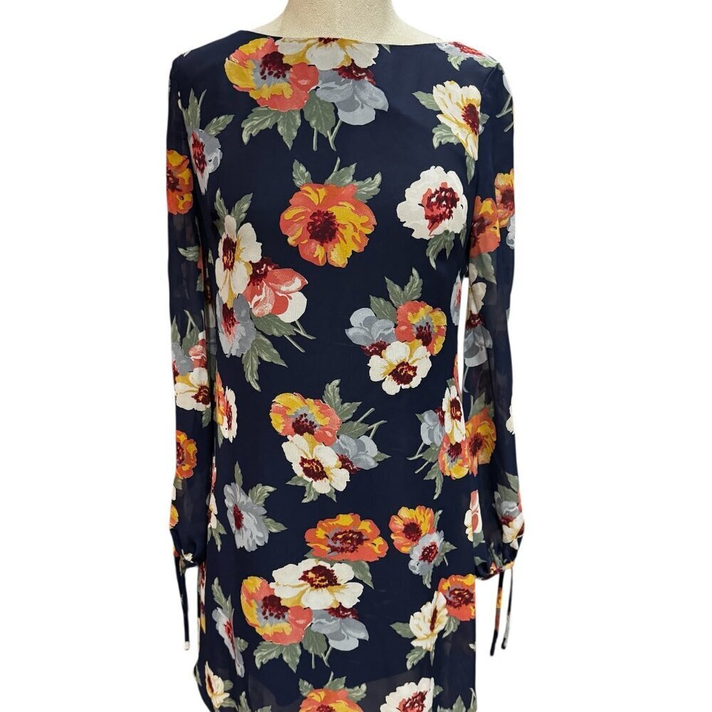 Chaps Floral Dress Size 6 Navy Tie Sleeve Balloon Sleeve Shift Dress